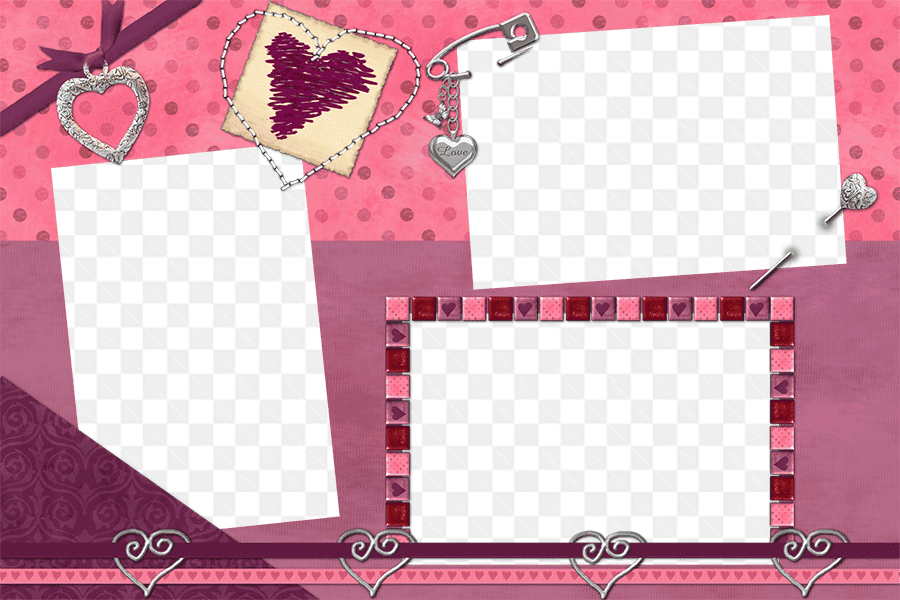 Mẫu thiết kế khung ảnh ghép 3 hình với nền hồng trang trí những hình trái tim đẹp