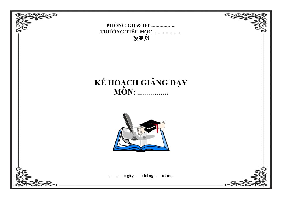 Trang bìa giáo án hình ngang trang trí sách, cây bút lông và họa tiết đẹp