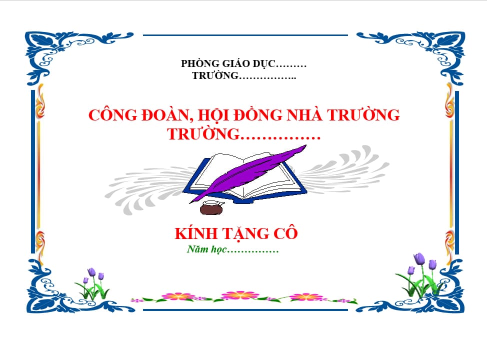 Trang bìa giáo án hình ngang trang trí những bông hoa, họa tiết đẹp cùng vơi sách và bút lông