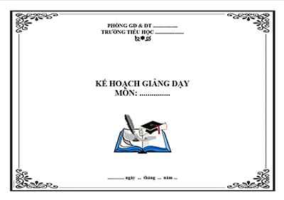 Trang bìa giáo án hình ngang trang trí sách, cây bút lông và họa tiết đẹp