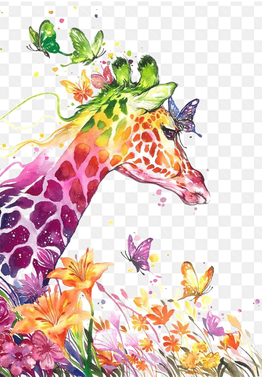 Mẫu thiết kế vẽ phác họa chú hươu cao cổ với nhiều màu sắc nghệ thuật