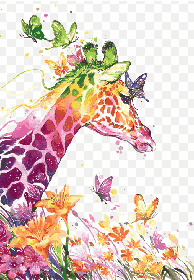 Mẫu thiết kế vẽ phác họa chú hươu cao cổ với nhiều màu sắc nghệ thuật