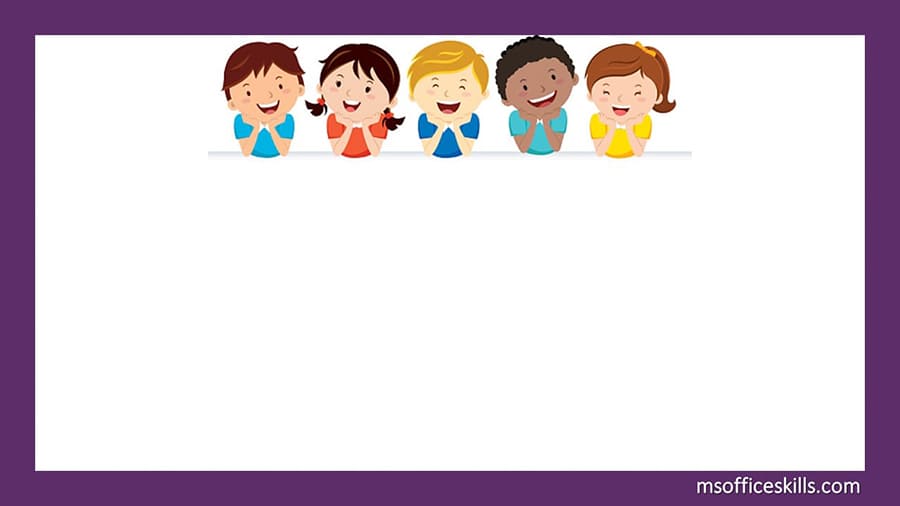 Khung ảnh nền powerpoint với đường viền màu tím nền trắng và điểm nhấn hình ảnh các bạn học sinh