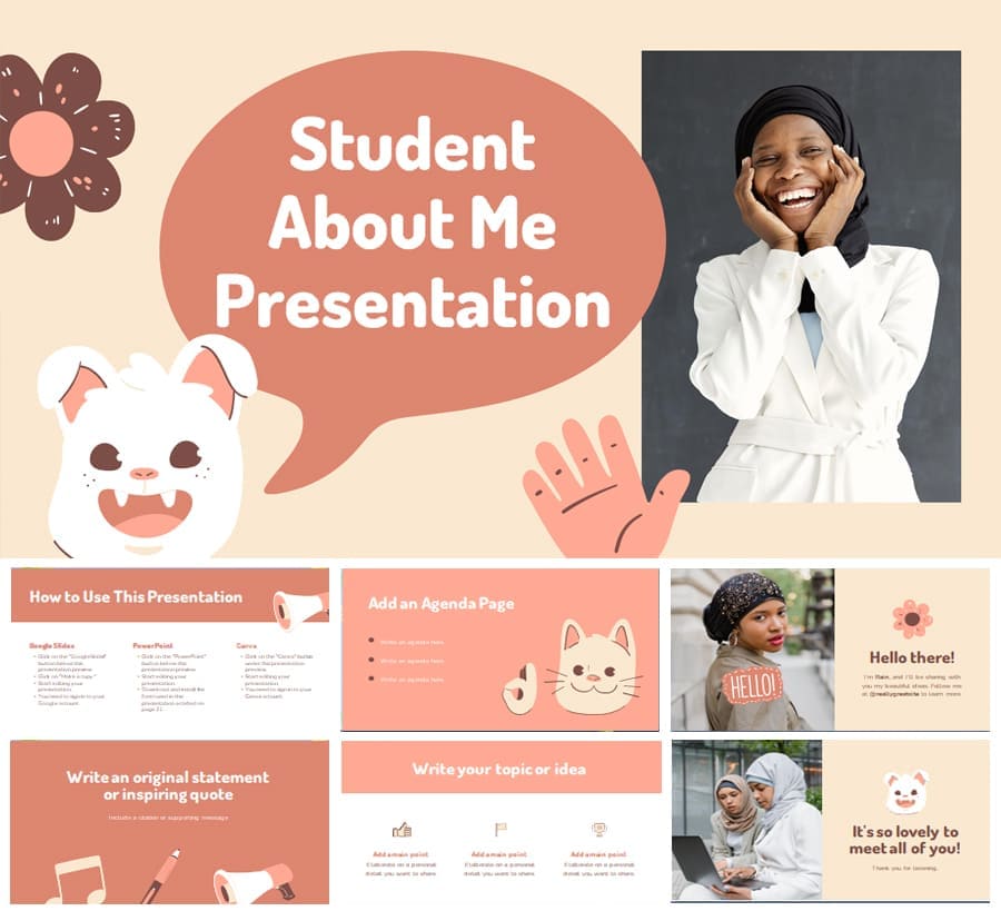Mẫu Slide powerpoint thiết kế với tông màu trắng hồng cũng các chú thú cưng đẹp mắt
