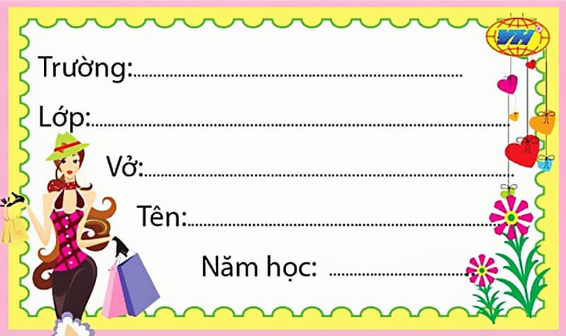 Nhãn vở cô gái thời trang với khung nền vàng rỡ