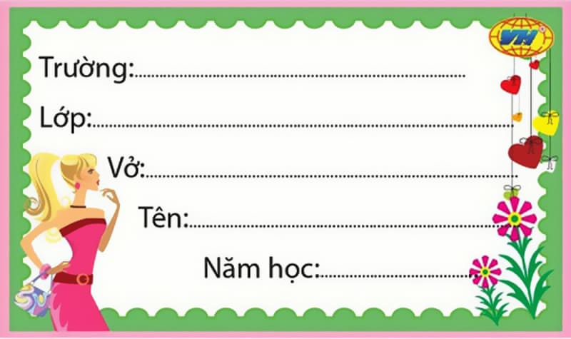 Nhãn vở cô gái thời trang với khung nền xanh lá