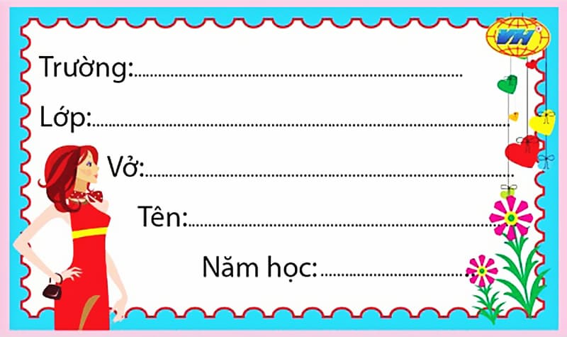 Nhãn vở cô gái thời trang với khung nền xanh ngọc