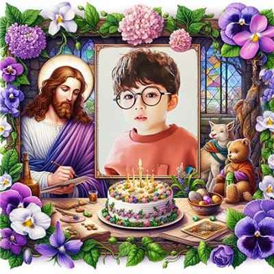Ghép Ảnh Vào Khung Ảnh Chúa Giêsu Cùng Hoa Và Bánh Kem Ban Phước Chúc Mừng Sinh Nhật