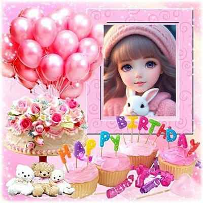 Ghép ảnh chúc mừng sinh nhật với 3 chú gấu bông cùng hoa, bánh kem và bóng bay