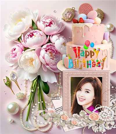 Tạo ảnh online chúc mừng sinh nhật với bó hoa trắng hồng cùng bánh kem tuyệt đẹp