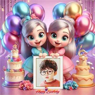 Ghép ảnh chúc mừng sinh nhật  với hai cô bé dễ thương cùng bánh kem và những quả bóng bay đẹp mắt
