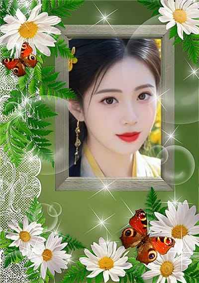 Tạo ảnh online với hình nền màu xanh kết hợp những bông hoa cúc và 2 con bướm đổ đẹp