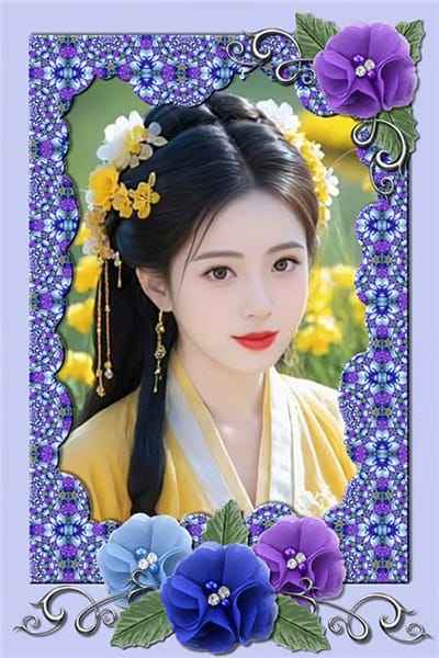 Ghép ảnh vào khung ảnh AI với sắc màu tím xanh kết hợp hoa văn đẹp