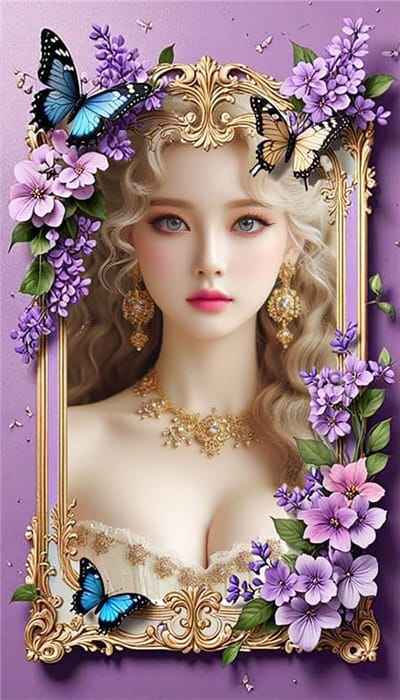 Ghép ảnh vào khung ảnh hoa và nền màu tím kết hợp những con bướm xanh