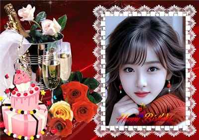 Ghép Ảnh Vào Khung Ảnh Lãng Mạn Rượu Vang, Hoa Hồng Và Bánh Kem Chúc Mừng Sinh Nhật