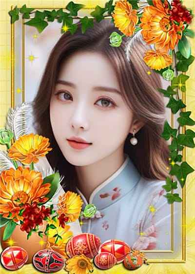 Tạo ảnh online với hình ảnh những quả trứng hoa văn đẹp kết hợp hoa vàng rực rỡ