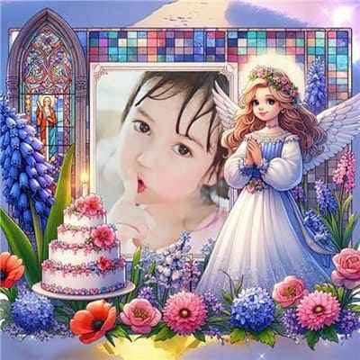 Ghép Ảnh Vào Khung Ảnh Thiên Thần Hộ Mệnh Cùng Hoa Rực Rỡ Và Bánh Kem Chúc Mừng Sinh Nhật