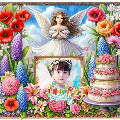 Ghép ảnh chúc mừng sinh nhật với Thiên thần với đôi cánh trắng cùng hoa và bầu trới trong xanh