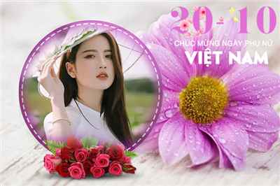 Tạo ảnh thiệp chúc mừng ngày phụ nữ Việt Nam với hoa và khung ảnh ghép nền màu tím