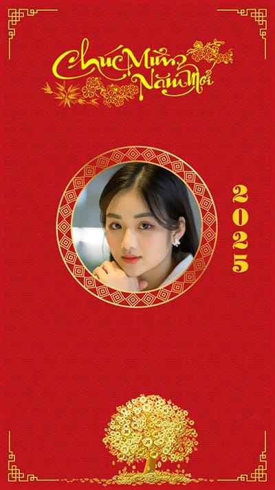 Tạo ảnh ghép với cây tiền vào trên nền đỏ rực làm ảnh bìa facebook chúc mừng năm mới 2025