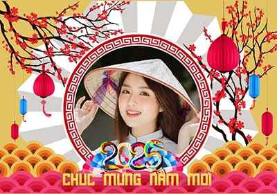 Tạo ảnh ghép đèn lồng và hoa đào rực rỡ chúc mừng năm mới ất tỵ