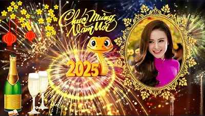 Tạo ảnh ghép với pháo hoa rực rỡ và rượu sâm panh chúc mừng năm mới 2025