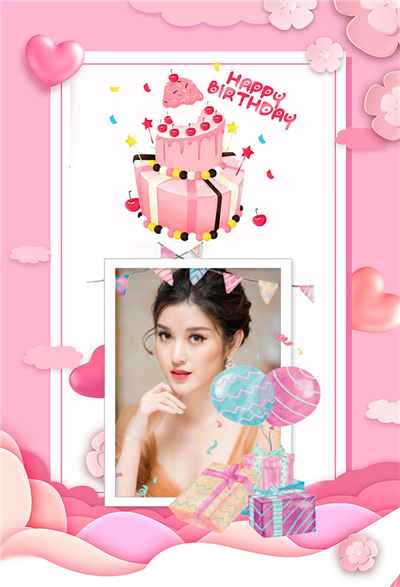 Ghép ảnh vào khung ảnh màu hồng trang trí hoa văn và  những hình trái tim đẹp chúc mừng sinh nhật
