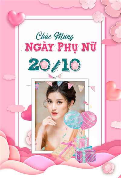 Ghép khung ảnh trái tim kết hợp với nền hồng chúc mừng ngày phụ nữ Việt Nam