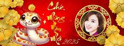 Tạo ảnh ghép với hoa mai vàng và linh vật 2025 làm ảnh bìa facebook