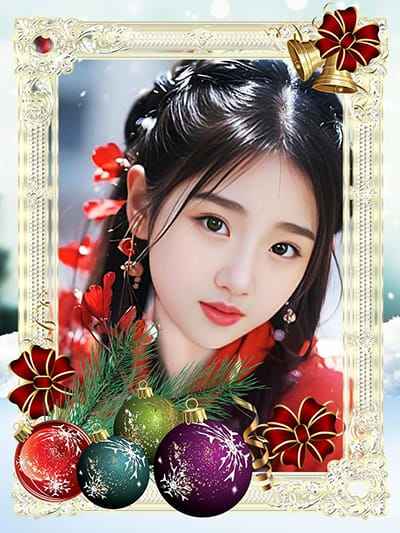 Tạo ảnh ghép với khung ảnh trang trí quả cầu, nơ và chuông biểu tượng của mùa noel