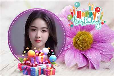 Tạo ảnh thiệp chúc mừng sinh nhật với bông hoa màu tím và những gói quà đặc biệt