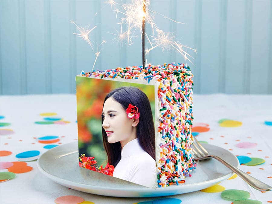 Ghép hình vào khung ảnh miếng bánh nghệ thuật nhiều màu sác chúc mừng sinh nhật