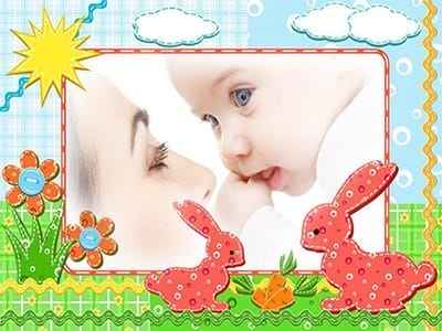 Ghép ảnh Bé yêu với khung ảnh tranh thêu những chú thỏ dễ thương