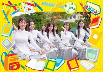 Khung ảnh các dụng cụ hỗ trợ học tập trang trí trên nền vàng rực rỡ