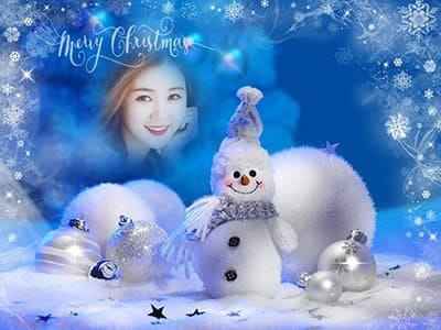 Khung ảnh hoa tuyết, người tuyết và quả cầu tuyết chúc mừng giáng sinh