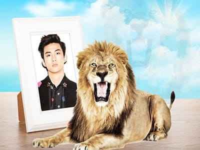Khung ảnh chân dung đứng cạnh chú sư tử dũng mãnh
