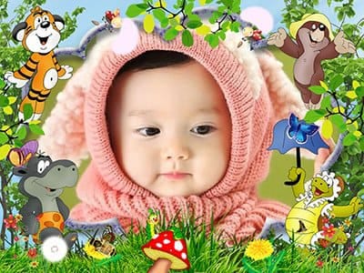 Ghép khung ảnh đẹp bé yêu và vườn cổ tích với chim muông hoa lá và muông thú