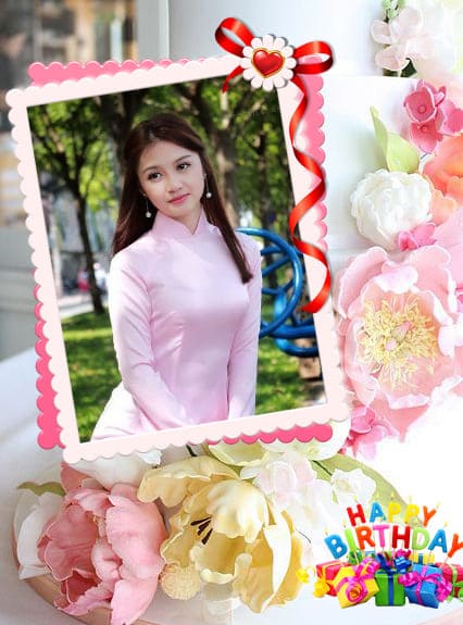 Ghép khung ảnh trang trí dây lụa thắt nơ những bông hoa nghệ thuật chúc mừng sinh nhật
