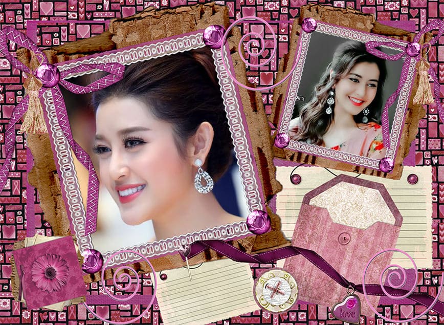 Khung ảnh đôi màu tím trang trí hoa văn nghệ thuật tinh tế đẹp mắt