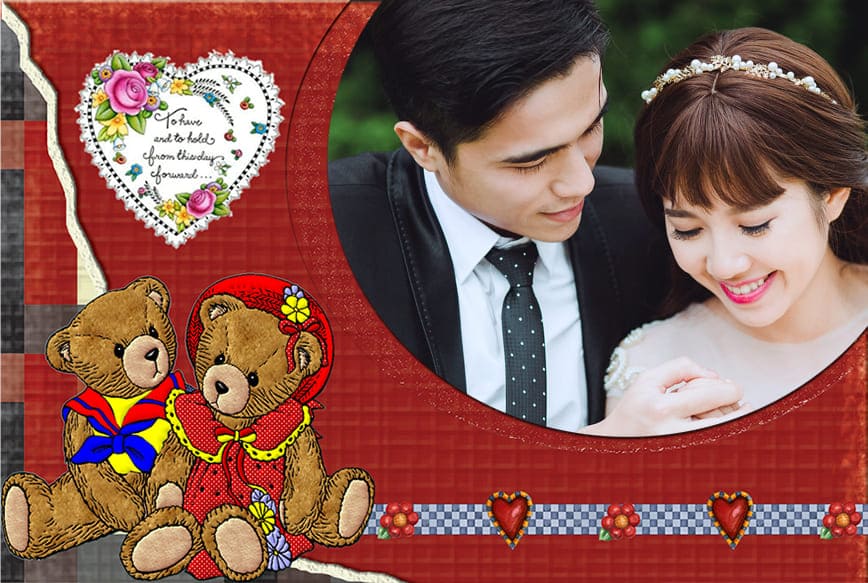 Tạo ảnh online với khung ảnh trang trí hai chú gấu bông và những hình trái tim đẹp