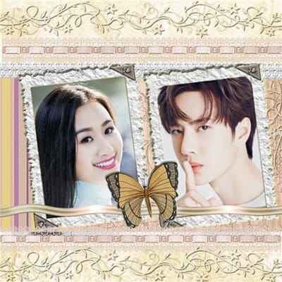 Ghép 2 ảnh vào khung ảnh hoa văn đẹp kết hợp cùng chú bướm xinh