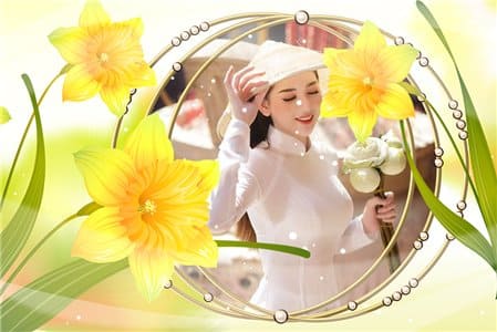 Khung ảnh nghệ thuật vòng ngọc kết hợp hoa vàng rực rỡ, tạo ảnh đẹp online