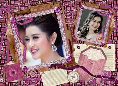 Ghép 2 ảnh vào khung ảnh màu tím trang trí hoa văn nghệ thuật