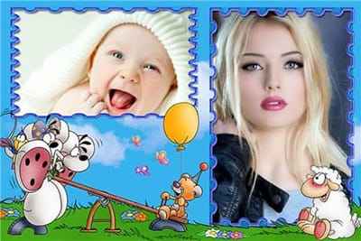 Ghép 2 ảnh vào khung ảnh nhân vật hoạt hình chơi đừa với thiên nhiên tươi đẹp