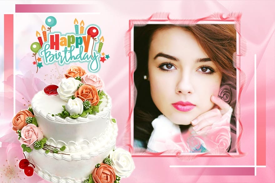 Tạo ảnh chúc mừng sinh nhật nghệ thuật với nền màu hồng, hoa hồng và bánh gato