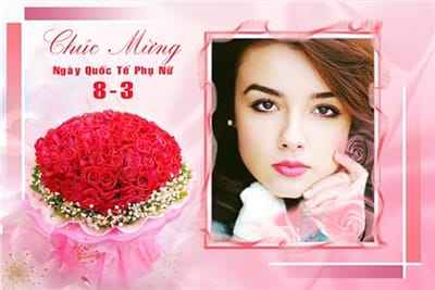 Ghép khung ảnh với bó hoa Hồng chúc mừng ngày quốc tế Phụ nữ ngày 8 tháng 3