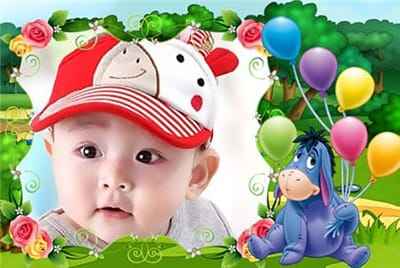 Ghép ảnh bé yêu với chú chó bông và bóng bay đẹp