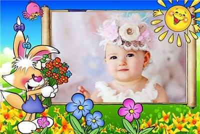 Ghép ảnh bé yêu với chú thỏ đùa vui trong vườn hoa và mặt trời