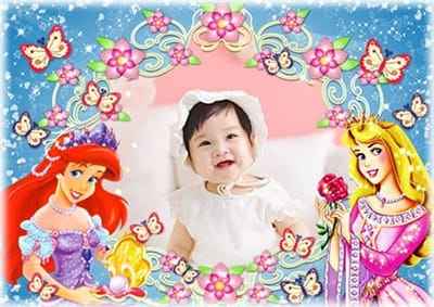 Ghép ảnh bé yêu với hoa, bướm và hai nàng công chúa xinh đẹp