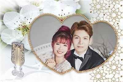 Ghép ảnh cưới với hoa đẹp và trái tim hạt vàng